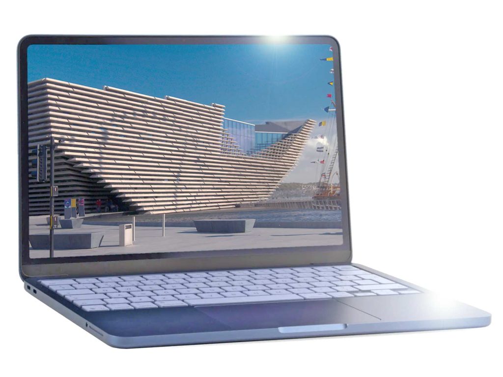 Apple MacBook Neo 2026 displaying V&A museum in Dundee, Scotland